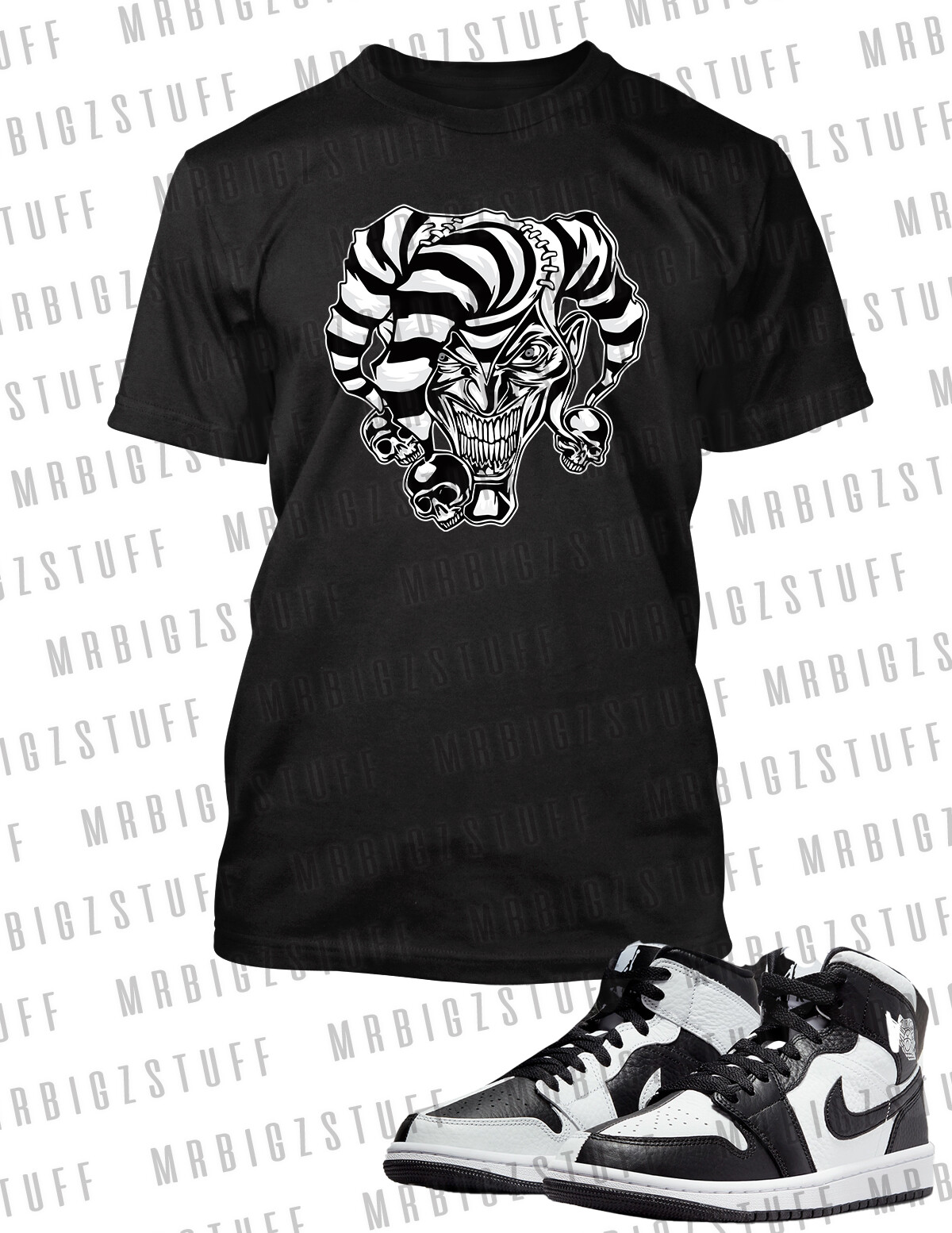 Joker Jester Clown and Skulls Sneaker Tee Shirt Grey Stone 8XL Big & Tall Tee