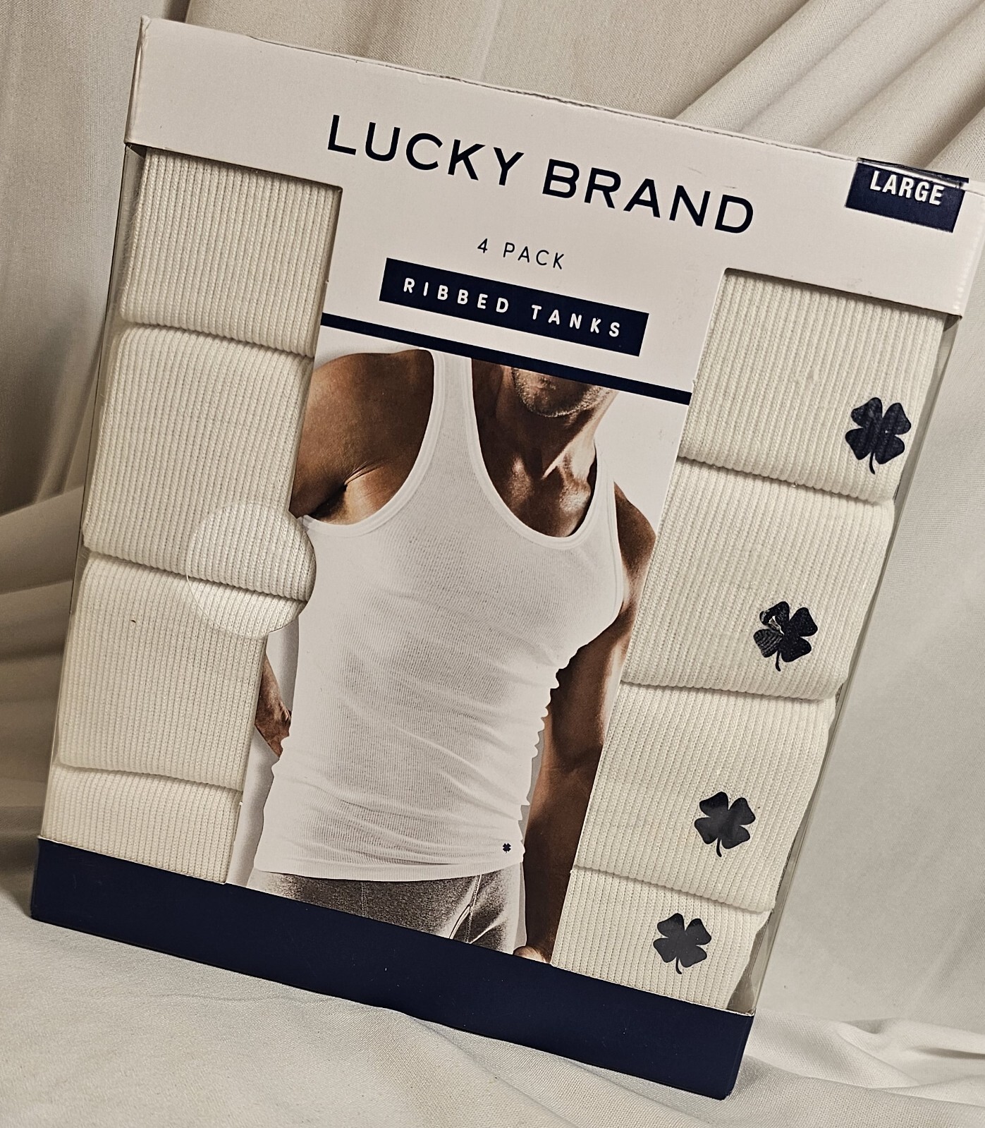 Lucky Brand 4 Pack Cotton Blend Ribbed Tank Tops LARGE White FREE SHIPPING!