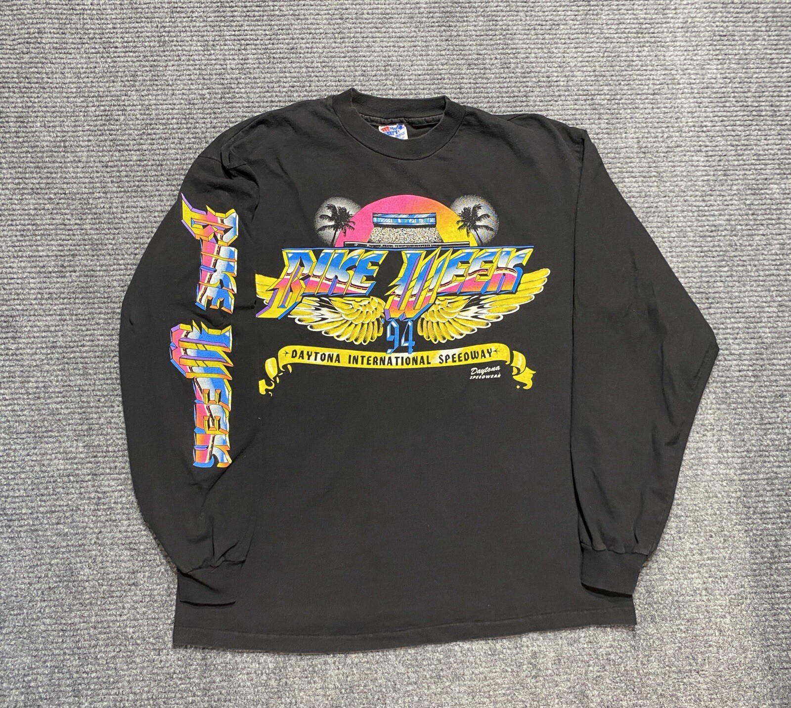 Vintage Bike Week Long Sleeve T Shirt Mens Large Neon 90s Daytona Speedway Retro
