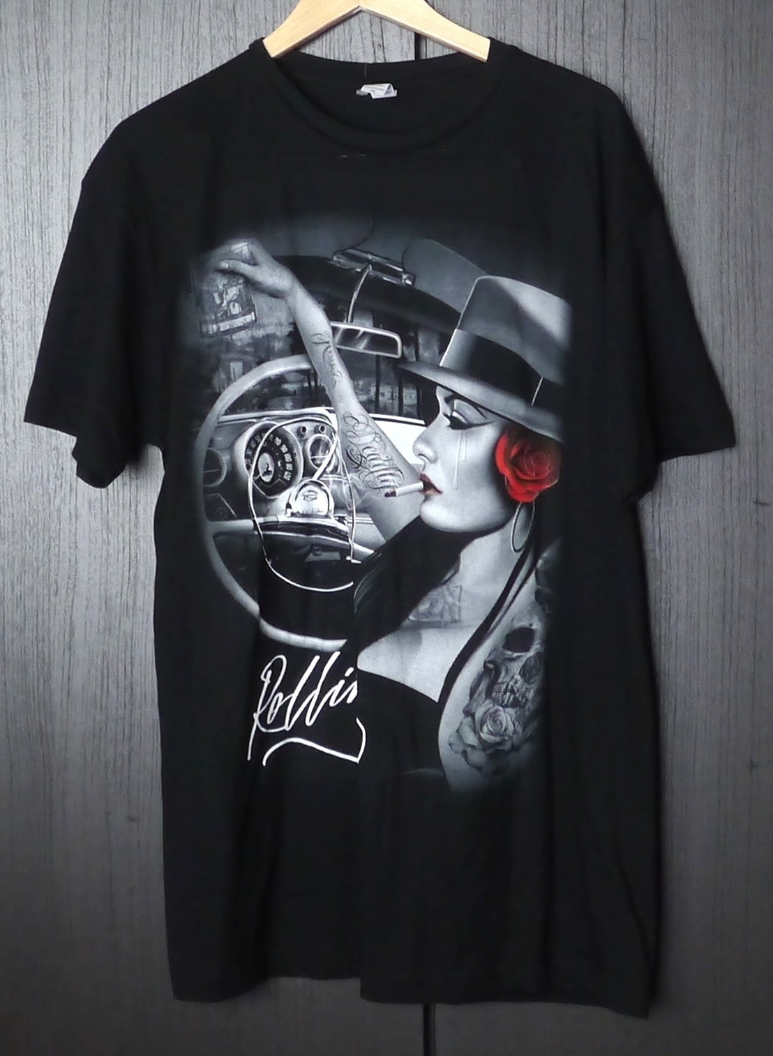 NEW Tattoo Style Men T Shirt Rolling Lowrider Chola Red Rose Size XL (NO TAG)