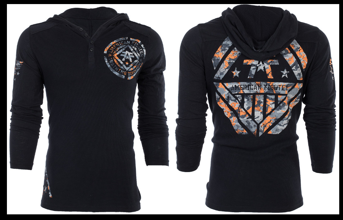 AMERICAN FIGHTER Black AVERETT Long Sleeve Henley Thermal Hoodie T-shirt NWT