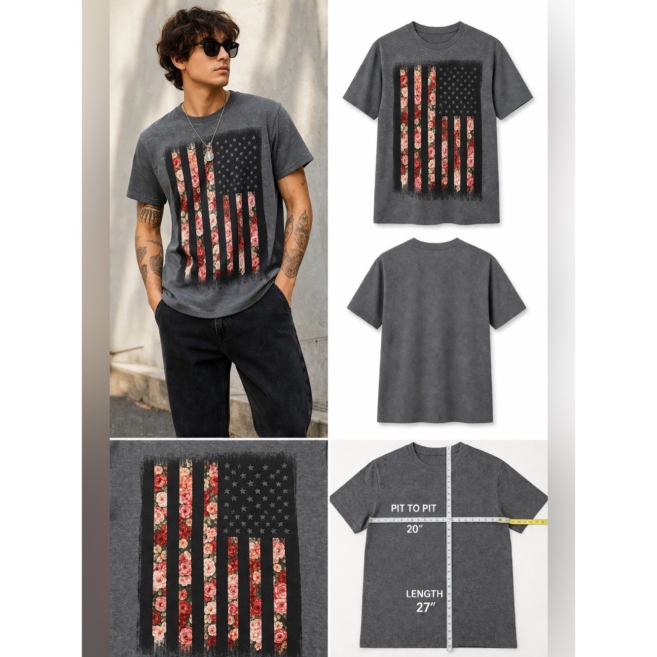Floral American Flag Graphic Tee Gray Crew Neck Patriotic Grunge Streetwear M