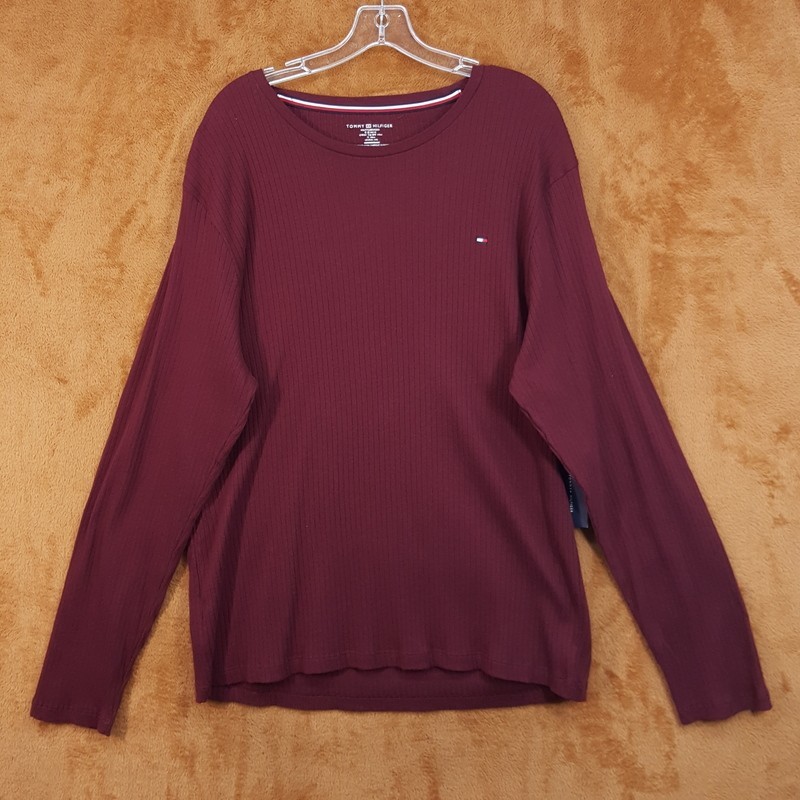 TOMMY HILFIGER Shirt Mens XL Maroon Pullover Crew Long Sleeve Ribbed Knit