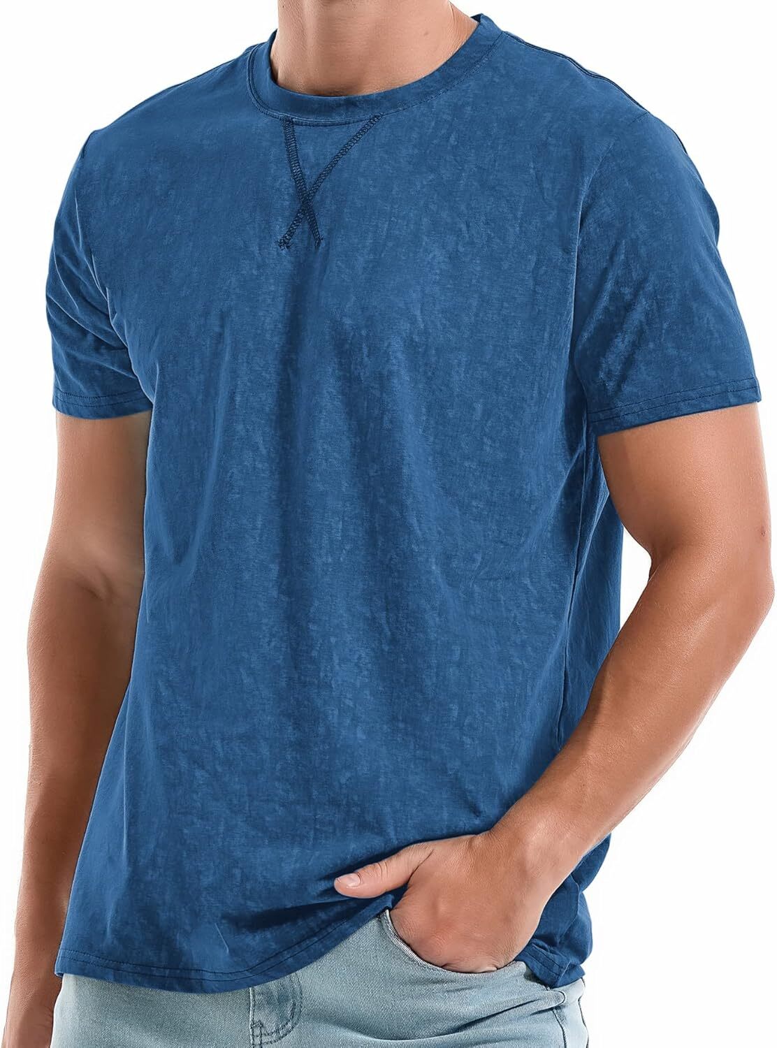 Men’s T Shirt Crew Neck Short Sleeve Cotton Spandex Washed Vintage Casual Tee