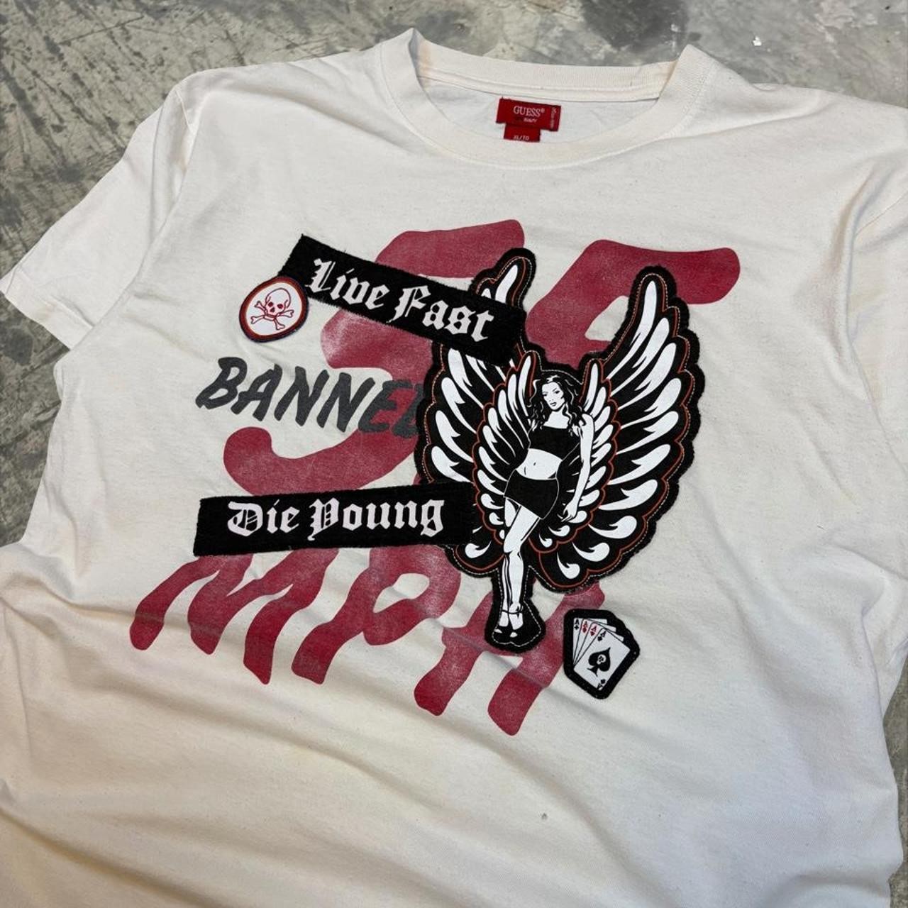 Guess Graphic Tee, White Y2K Biker Grunge, Small Hole, XL