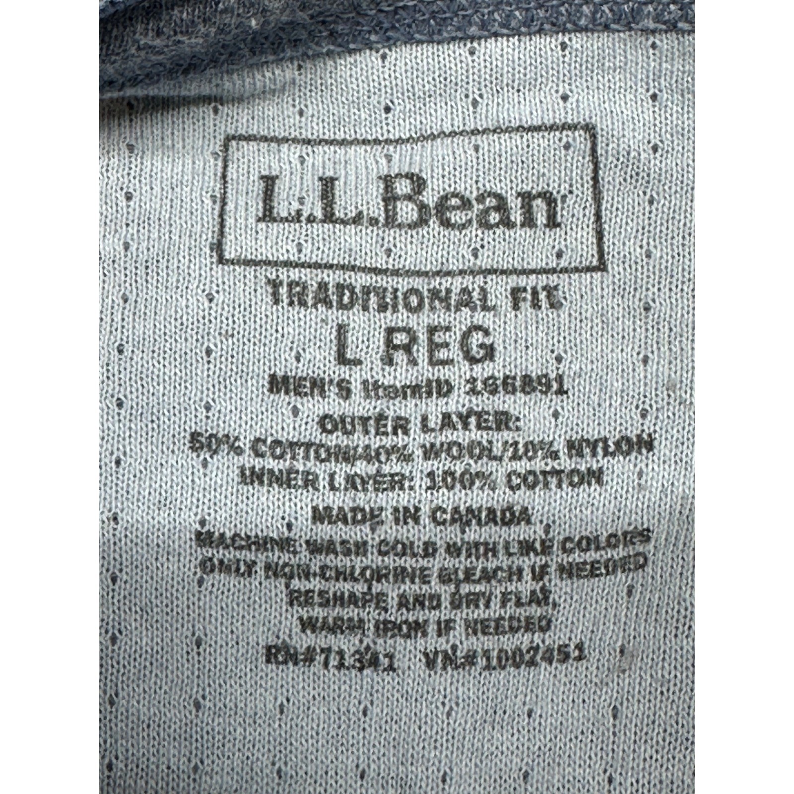 L.L. Bean Henley Mens Large Blue Wool Blend Long Sleeve River Driver Thermal