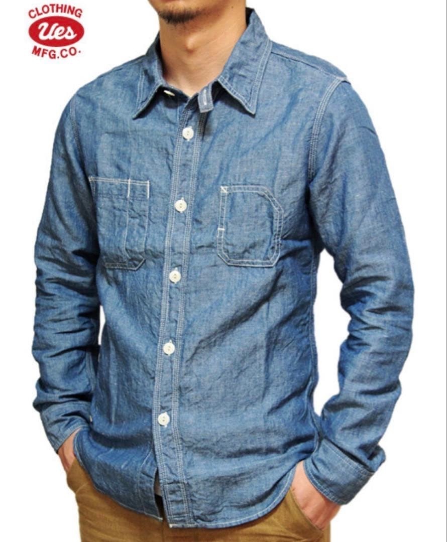 UES Railway Indigo Work Chambray Shirt Long Sleeve Size L Good Condition