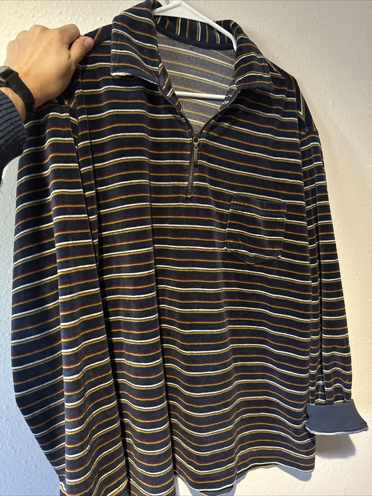 Vintage Levi’s Terry Cloth Stripe Tee Size XL USA 90s Y2K Black Stripes, Zip