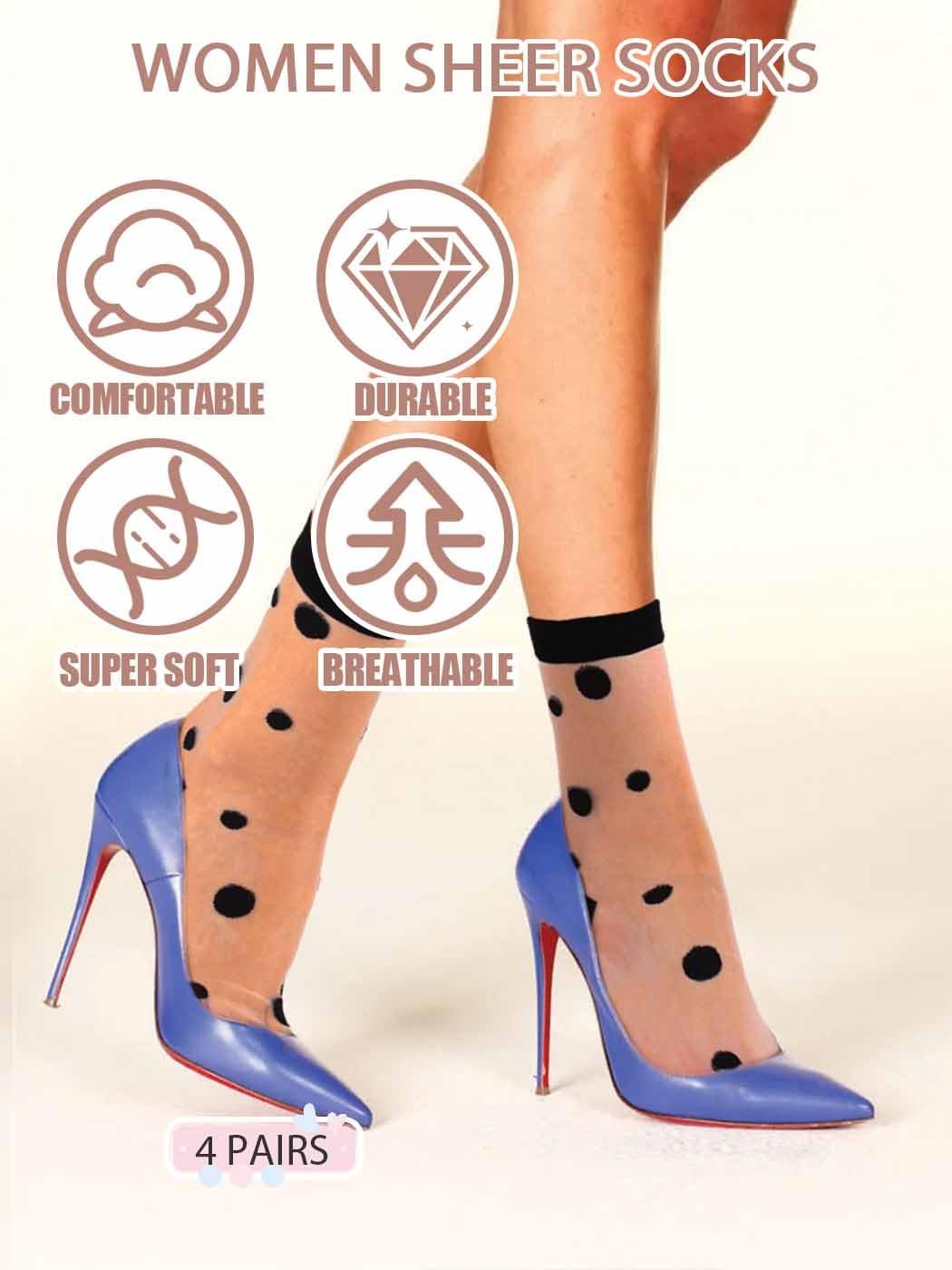 Womens Sheer Ankle Socks Polka Dot Bow Pattern 4 Pairs Black White