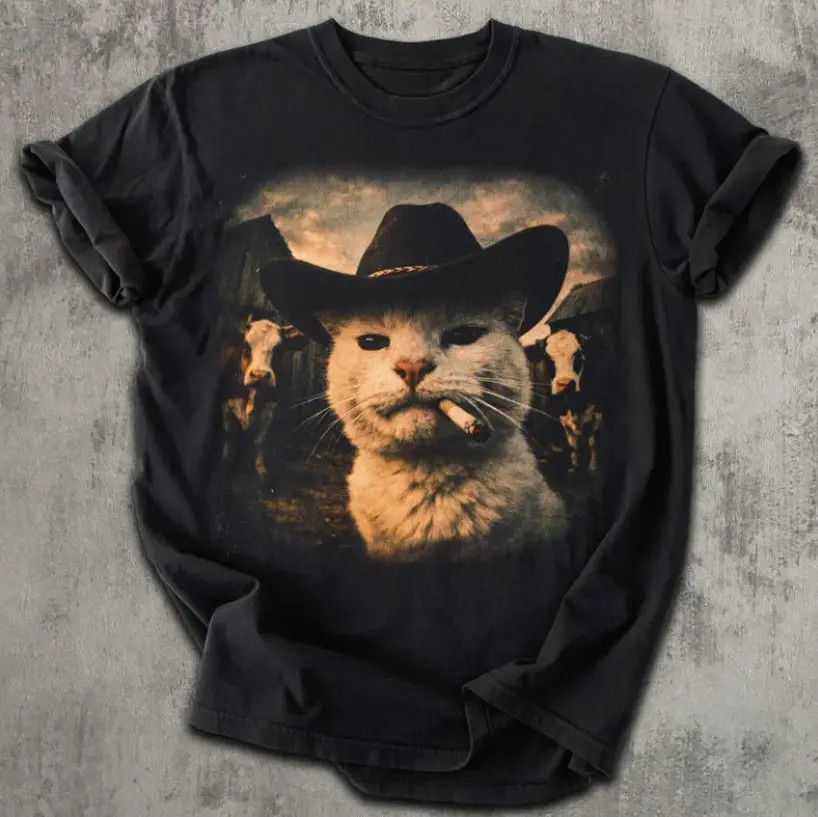 Funny Cowboy Cat Graphic Tee Weird Animal Humor Shirt