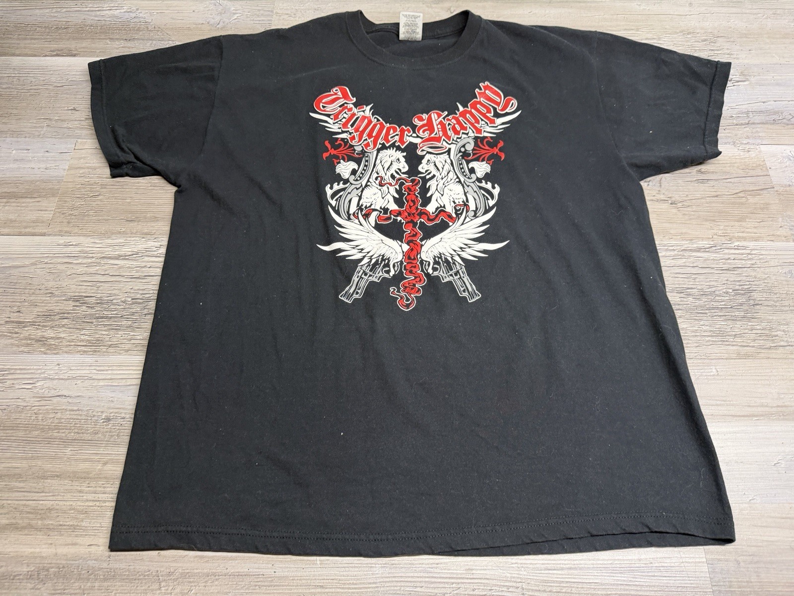 Vintage Y2K Trigger Happy Graphic Tee Black XL Biker Tattoo Art Heraldic Cross