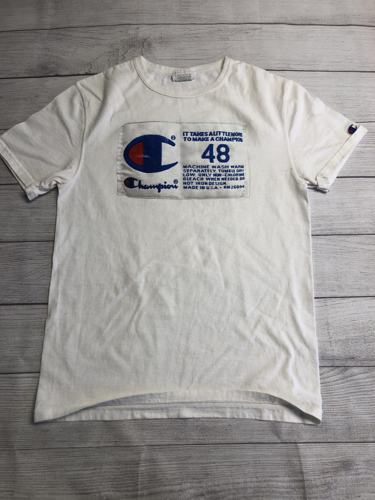 Champion Shirt Mens Small White Care Label Graphic Tee Big C Logo Sportswear