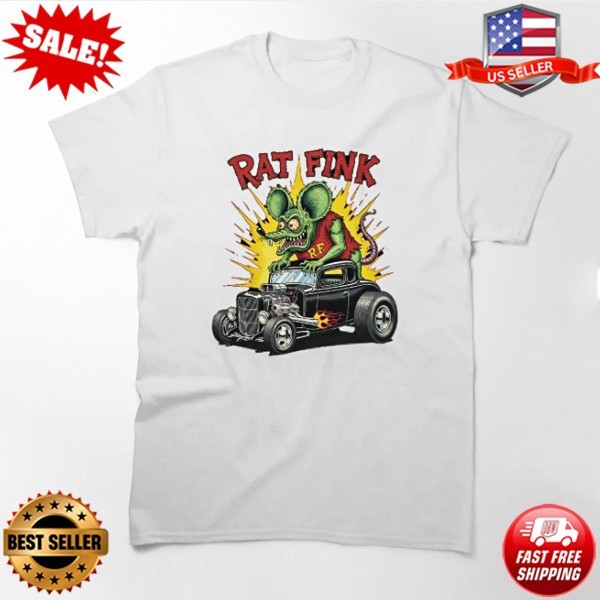 Rat Fink and a black 1932 Ford hot rod with flames T-Shirt Sizes S-5XL