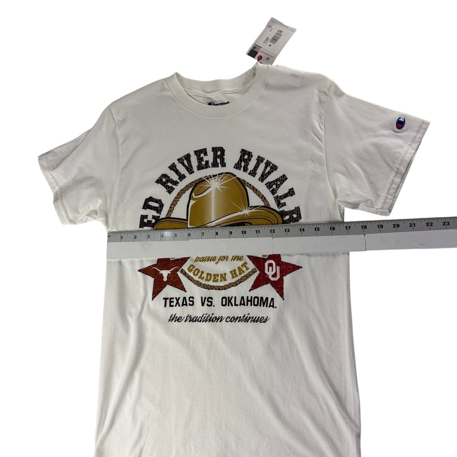 Champion Red River Rivalry Texas vs Oklahoma Golden Hat Graphic T-Shirt White S