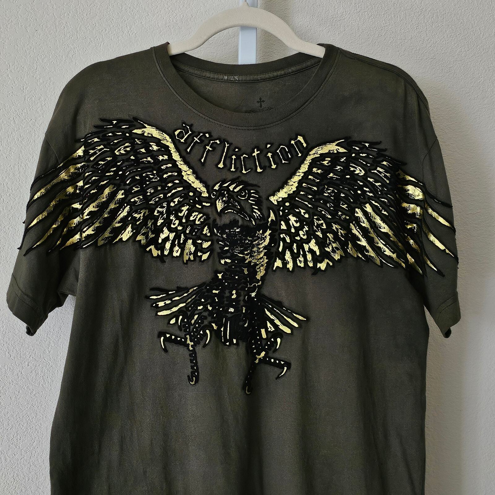 AFFLICTION Y2K Green Tie-Dye Gold Black Foil Velvet Graphic Eagle Shirt Sz L