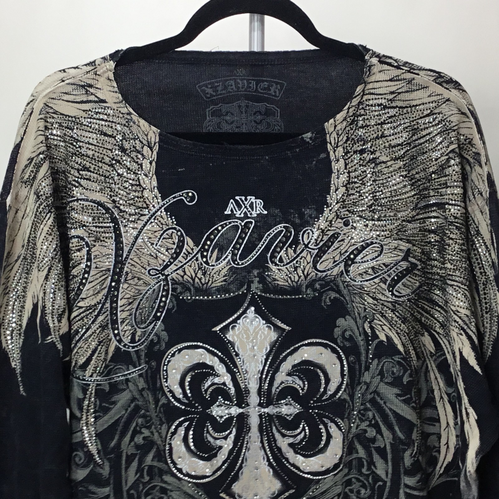 Xzavier Buckle All Over Print Studded Feather Wing Graphic T-shirt Men XL Black