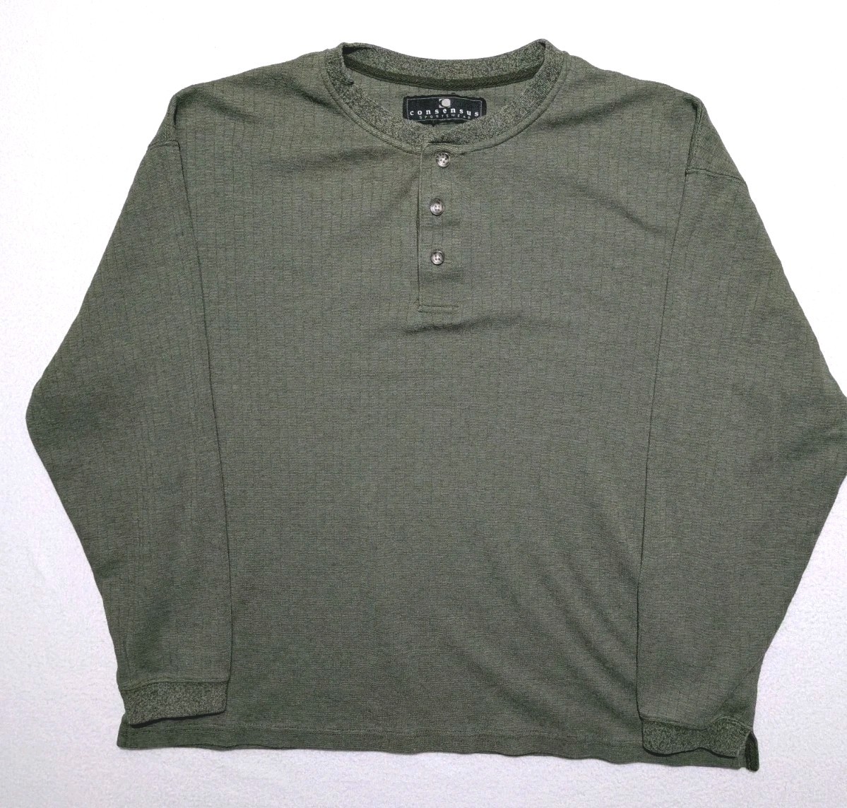 Consensus Sportswear Ribbed Henley Long Sleeve Shirt Size L Mossy Green Cotton