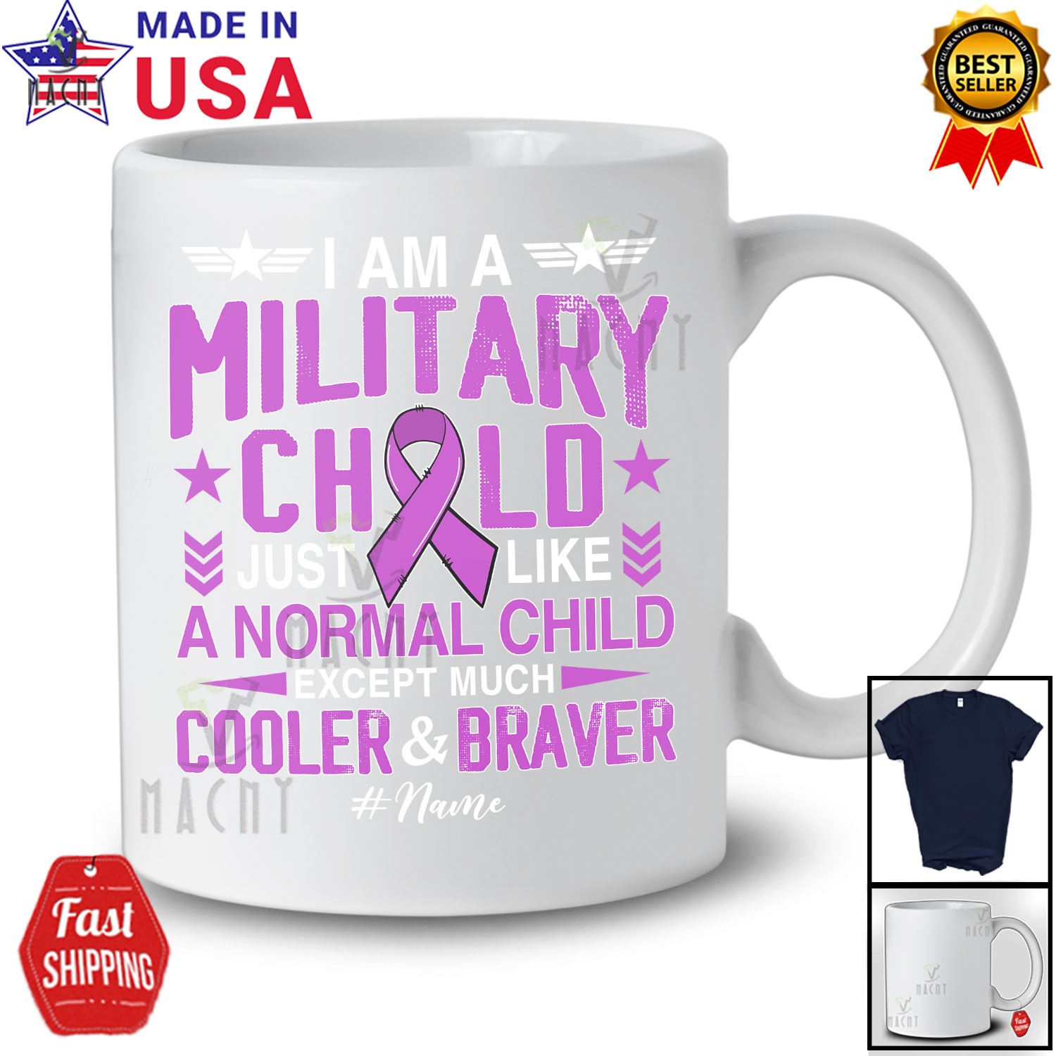 Custom Name I’m A Military Child Month; Purple Ribbon Patriotic Family T-Shirt