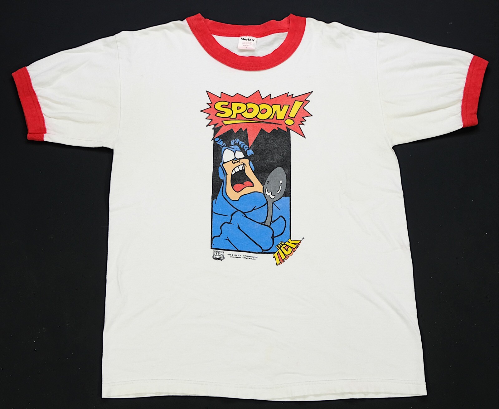 Rare Vintage MURINA The Tick Spoon! 1996 Fox Kids Network Ringer T Shirt 90s L