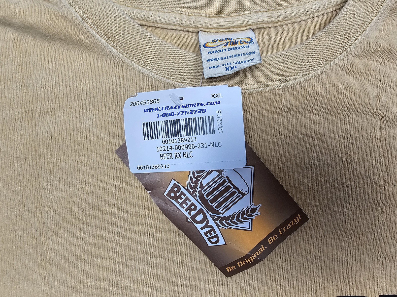 Crazy Shirts Hawaii Shirt Mens 2XL Beer RX Long Sleeve Tan Funny Beer Dyed