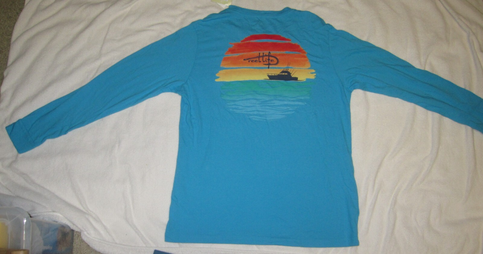REEL LIFE NEW Fishing Boating Ocean Sunset Blue LS TShirt Tee Mens Sz Medium NWT