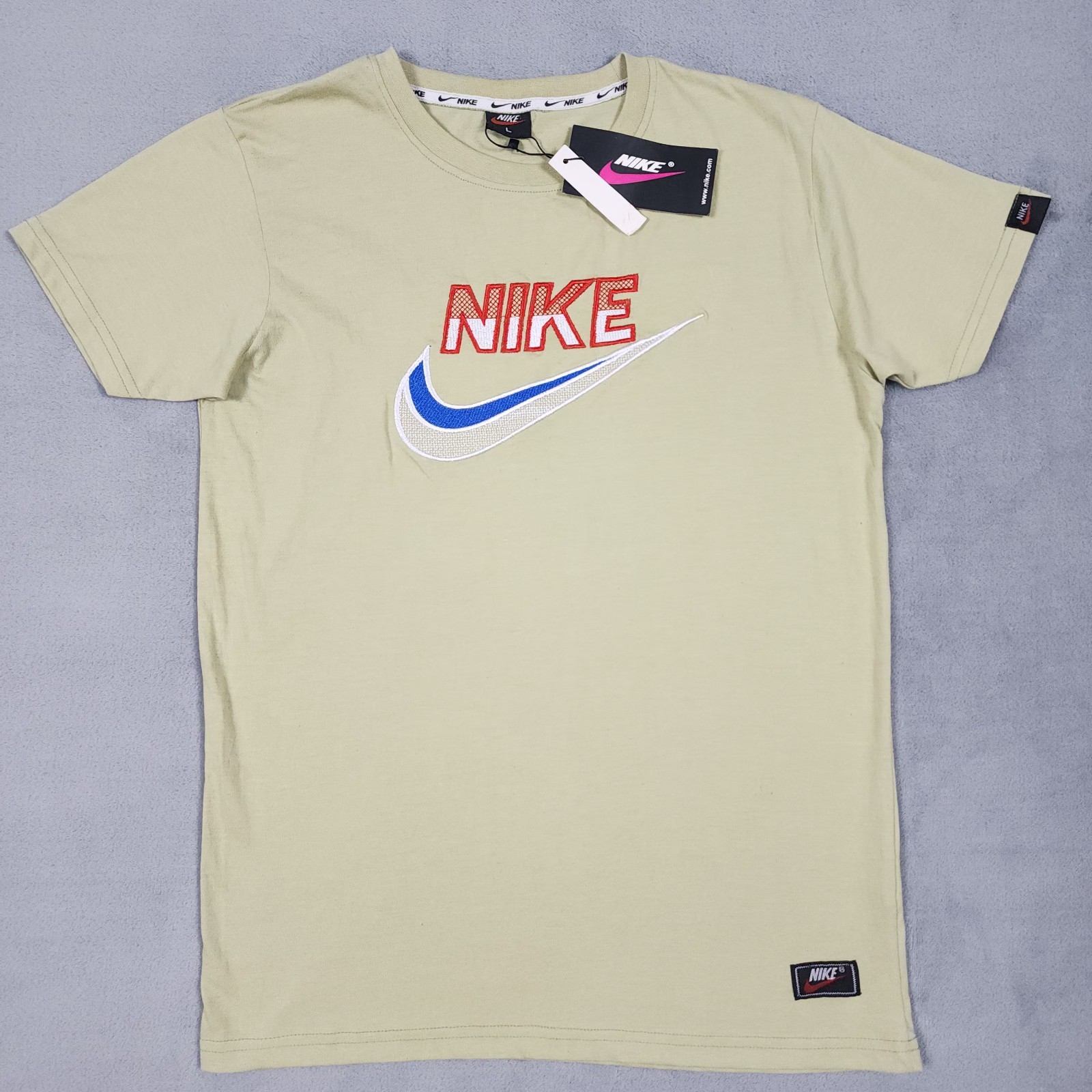 Vintage Nike Shirt Mens L Beige Embroidered Big Swoosh Spell Out NWT Y2K Tee