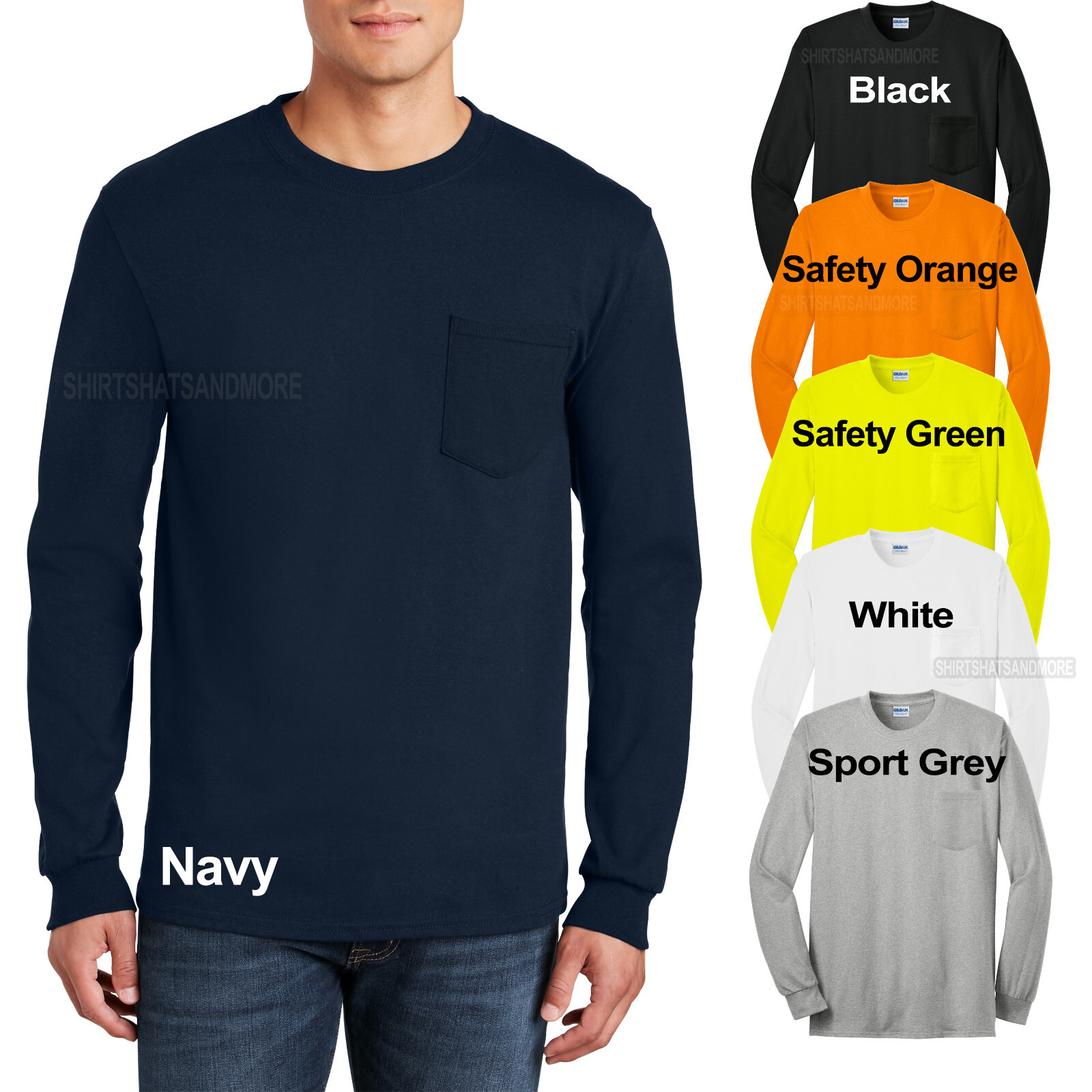 Gildan MENS Cotton LONG SLEEVE Preshrunk Pocket T-Shirt S M L, XL, 2XL, 3XL, 4XL