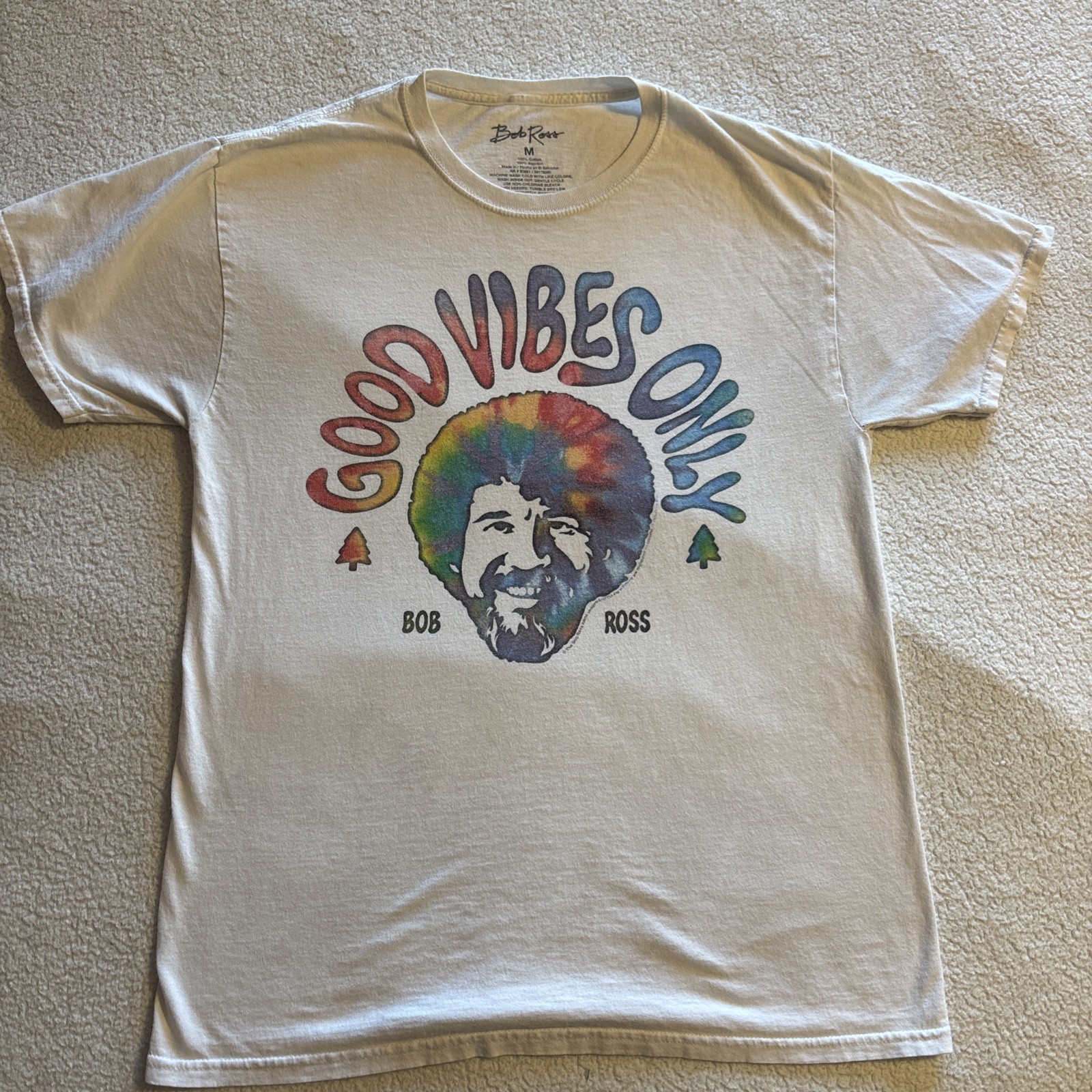 Bob Ross T Shirt Mens M 100% Cotton “Good Vibes Only” w Tie Dye Tee White