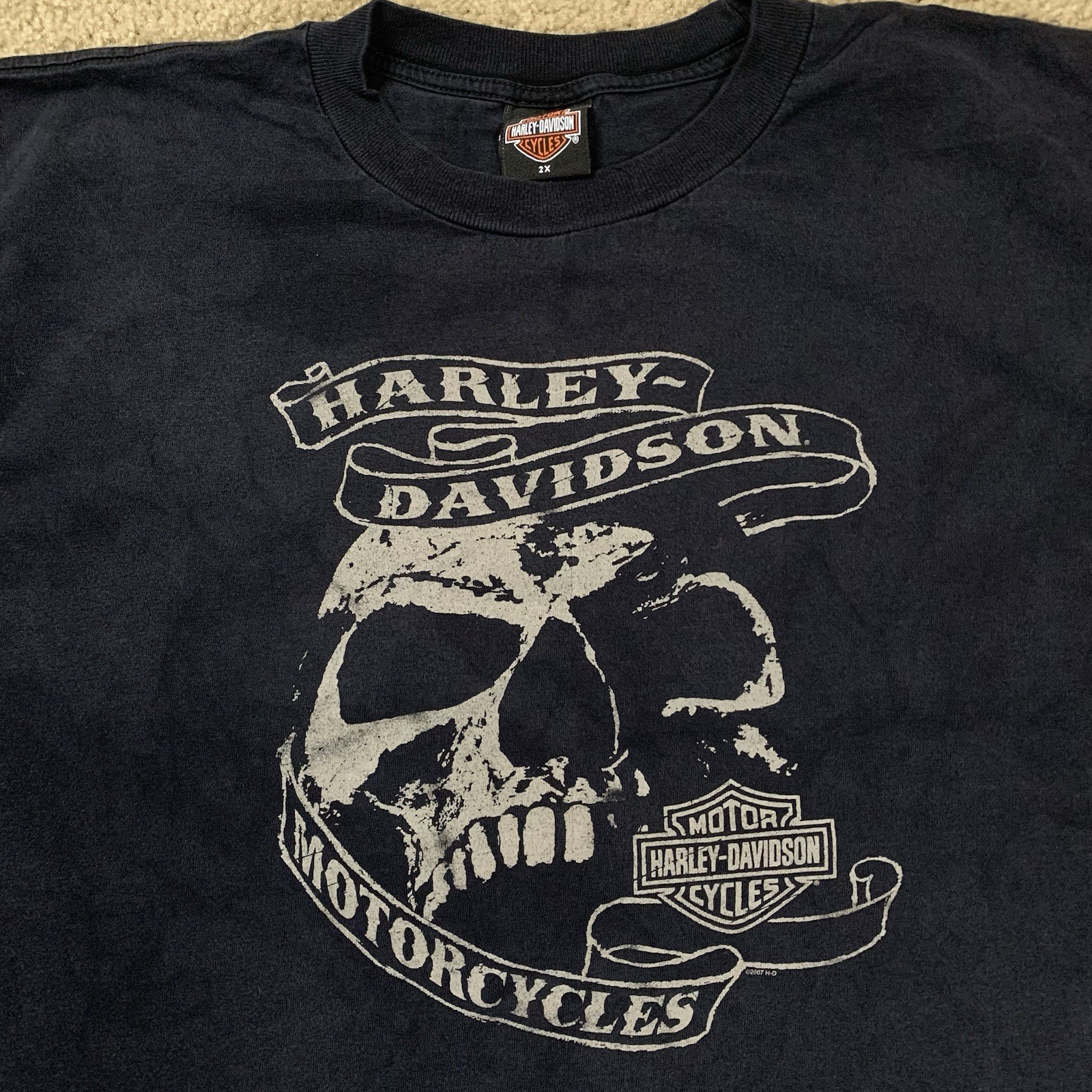 Harley Davidson Mens 2XL Black Shirt Biker Chopper Grunge Skulls Woodstock IL