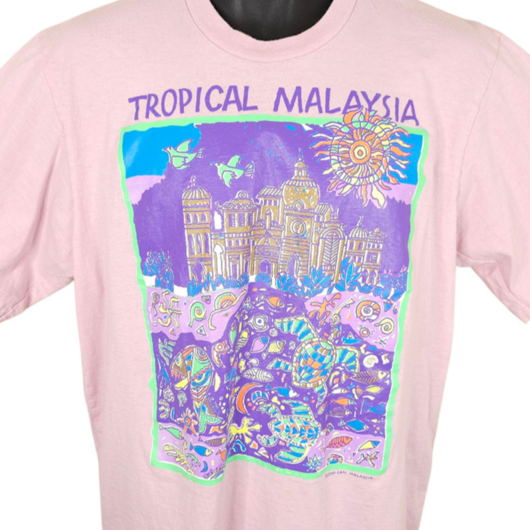 Vintage Tropical Malaysia T Shirt Mens Size Large Pink Travel Destination Tee