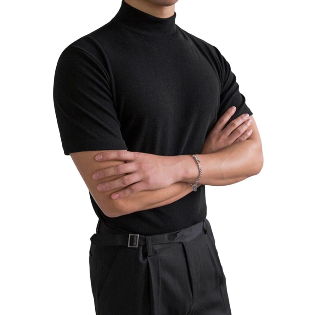 Polyester Spandex Men’s Tight Fit T Shirt Half High Neck Short Sleeve S-3XL