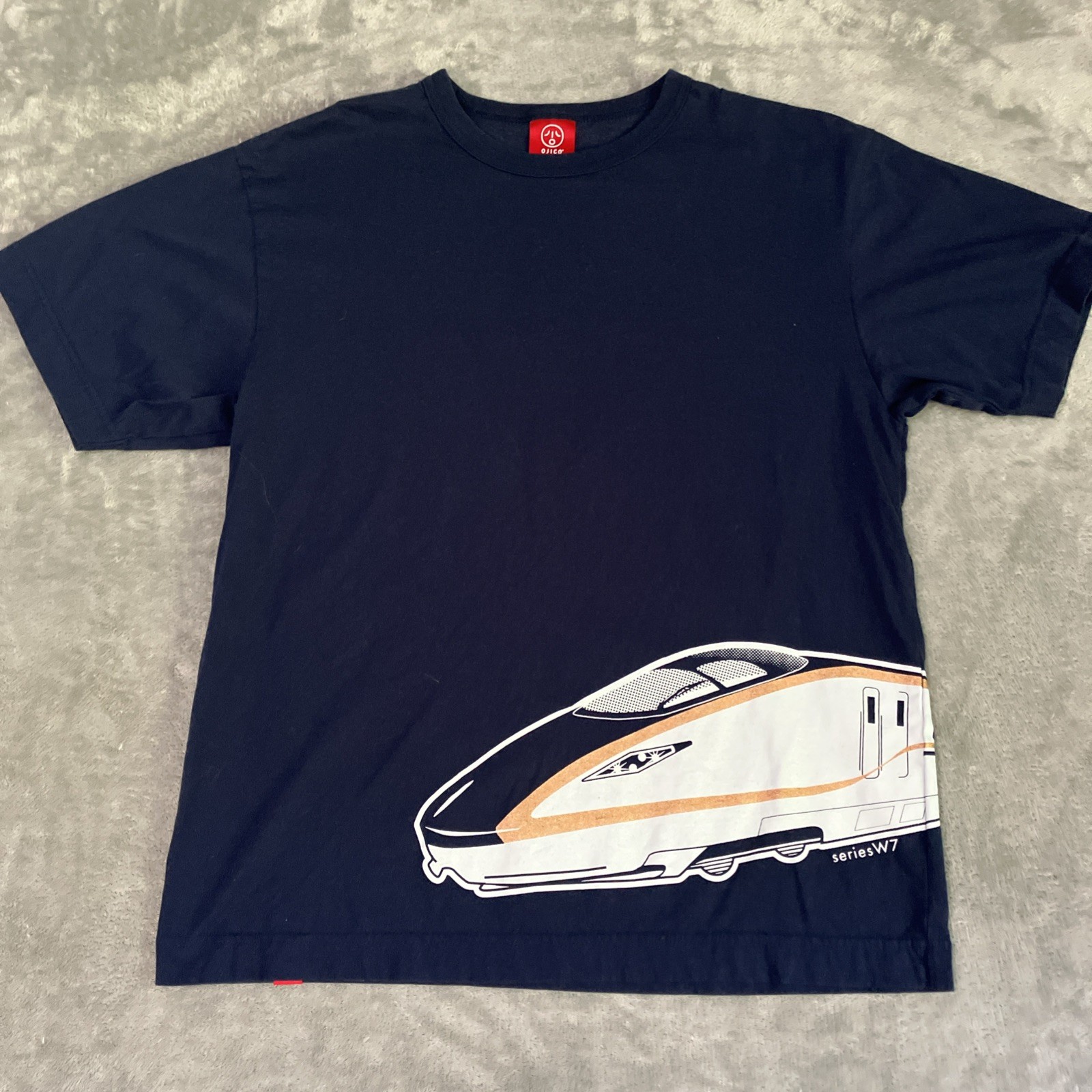 Ojico Japanese T-Shirt Bullet Train & Dinosaurs Blue Large Short Sleeve