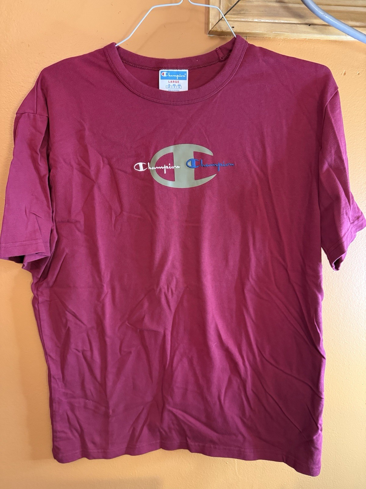 Champion Embroidered Logo Crewneck T-Shirt Size L Classic Sportswear Maroon NEW