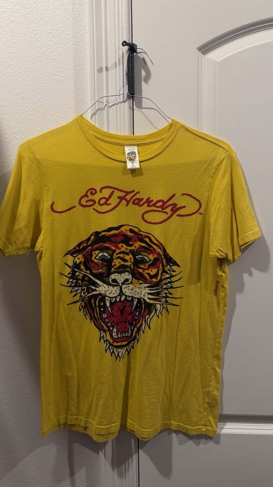 Ed Hardy Men’s S Yellow Tiger Graphic Print Crew Neck RHINESTONE