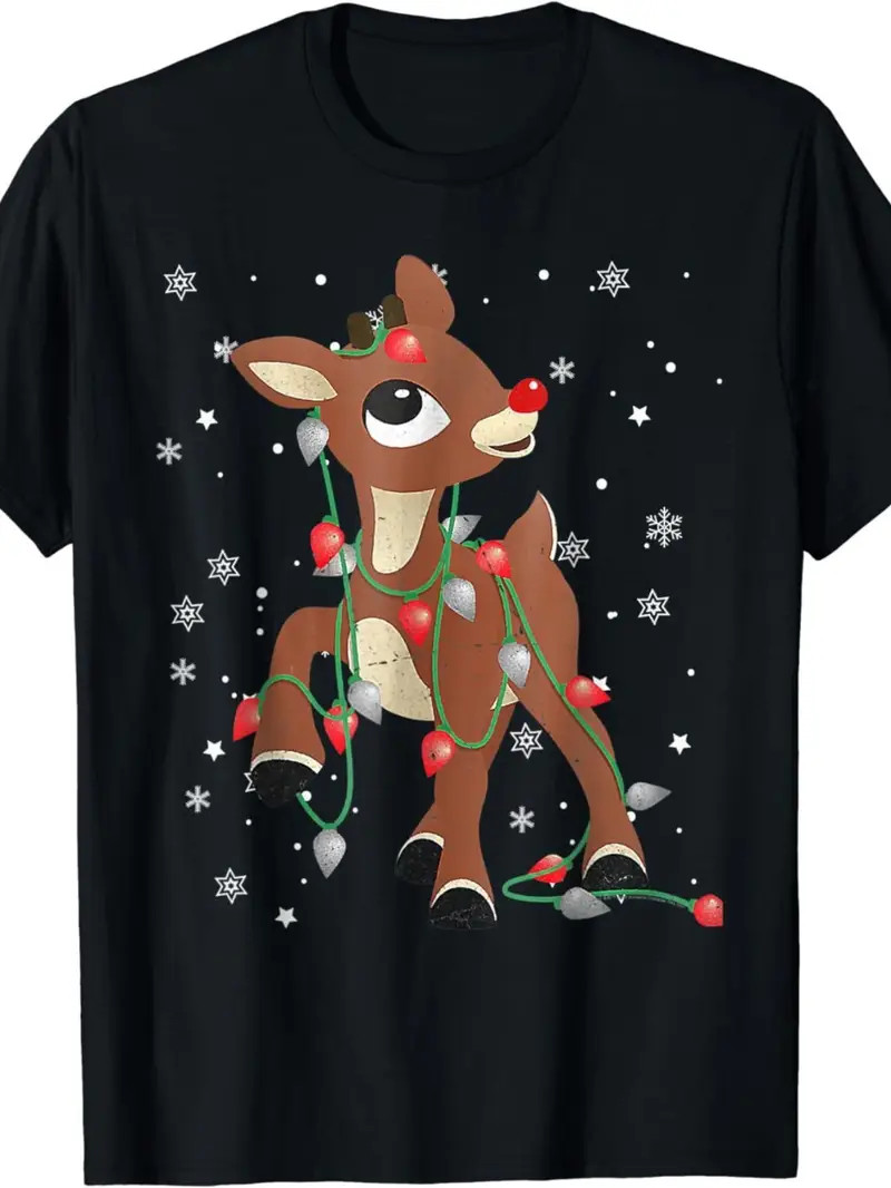 Men’s Christmas Rudolph Red-Nosed Reindeer Graphic T-Shirt – Black Holiday Tee w