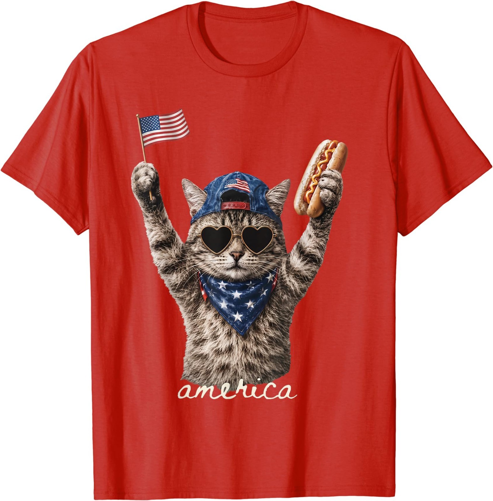 Retro Funny America Cat Hot Dog Lovers Patriotic US Flag T-Shirt