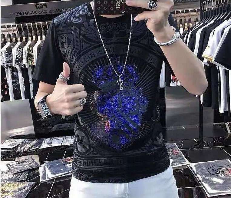 New Men Luxury Rhinestones Fashion T-Shirt High Quality Black White