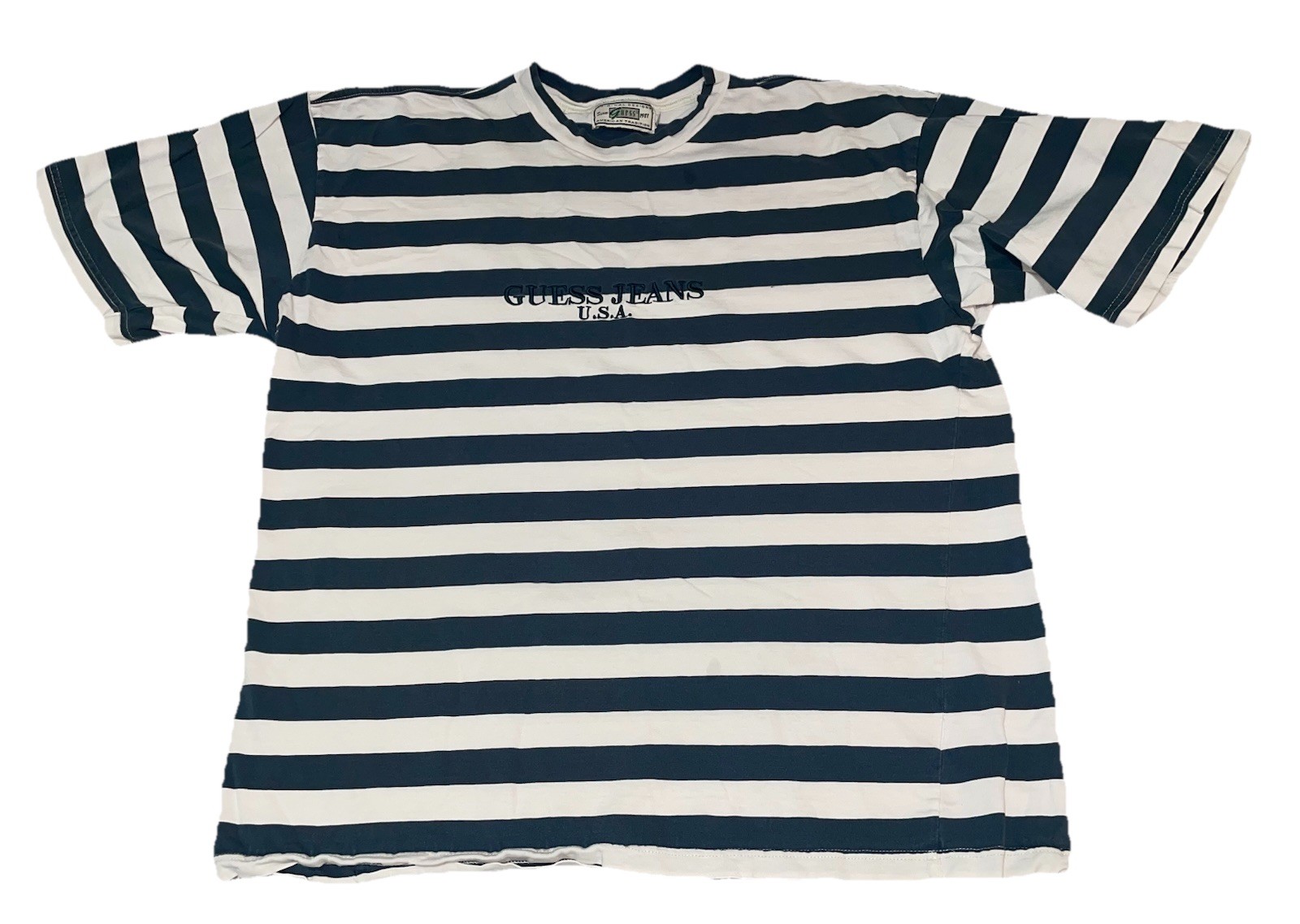 Vintage 90s Guess Jeans Usa Striped Shirt Mens XXL White Blue Shorts Sleeve