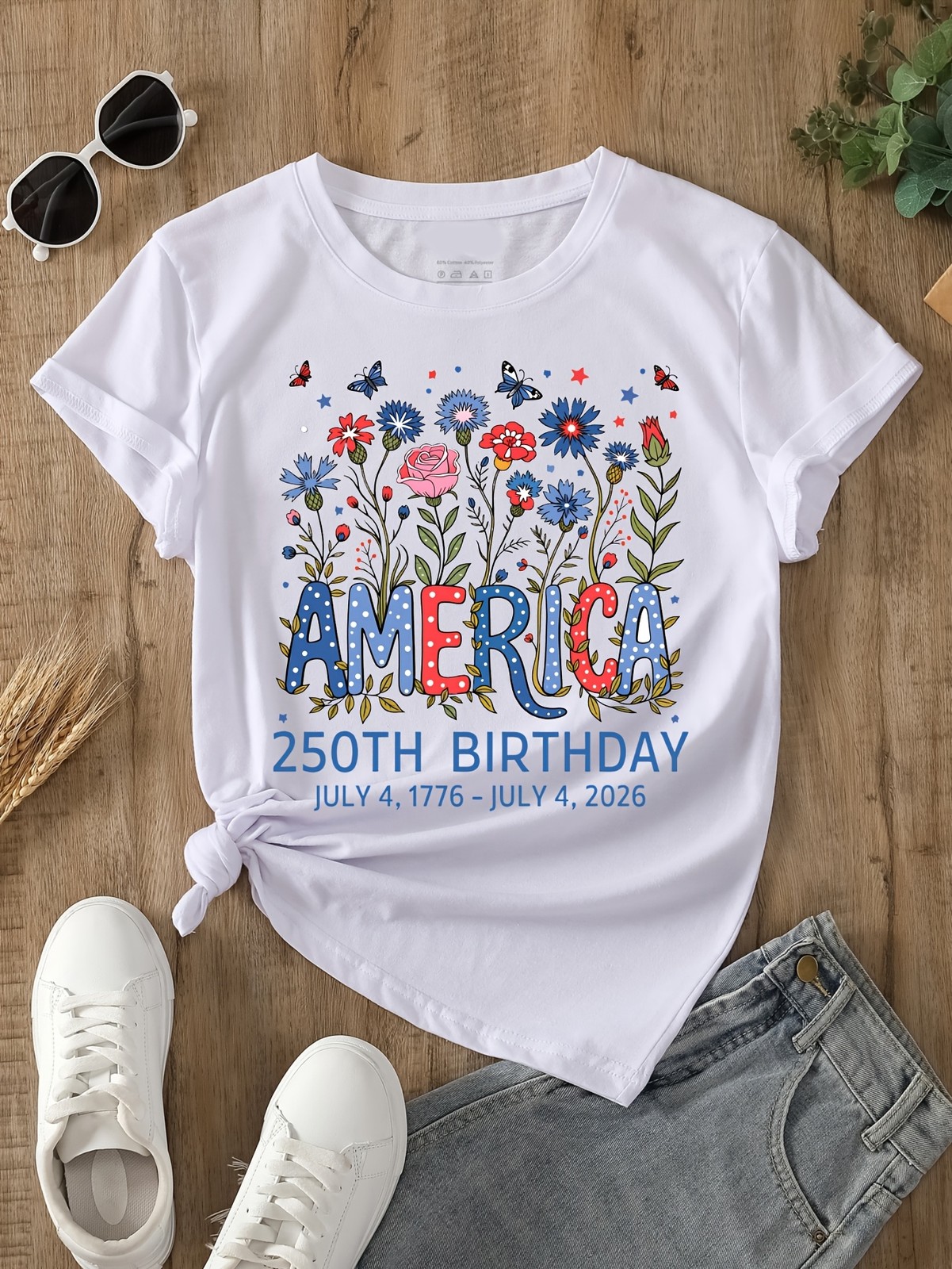 Women’s USA 250th Birthday 1776–2026 Floral Butterfly Patriotic T-Shirt