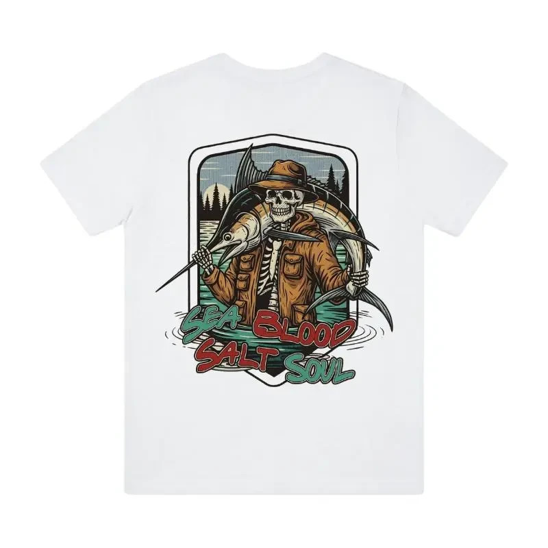 Fishing Graphic T-Shirt – Sea Blood Salt Soul Skeleton Fisherman with Big Fish