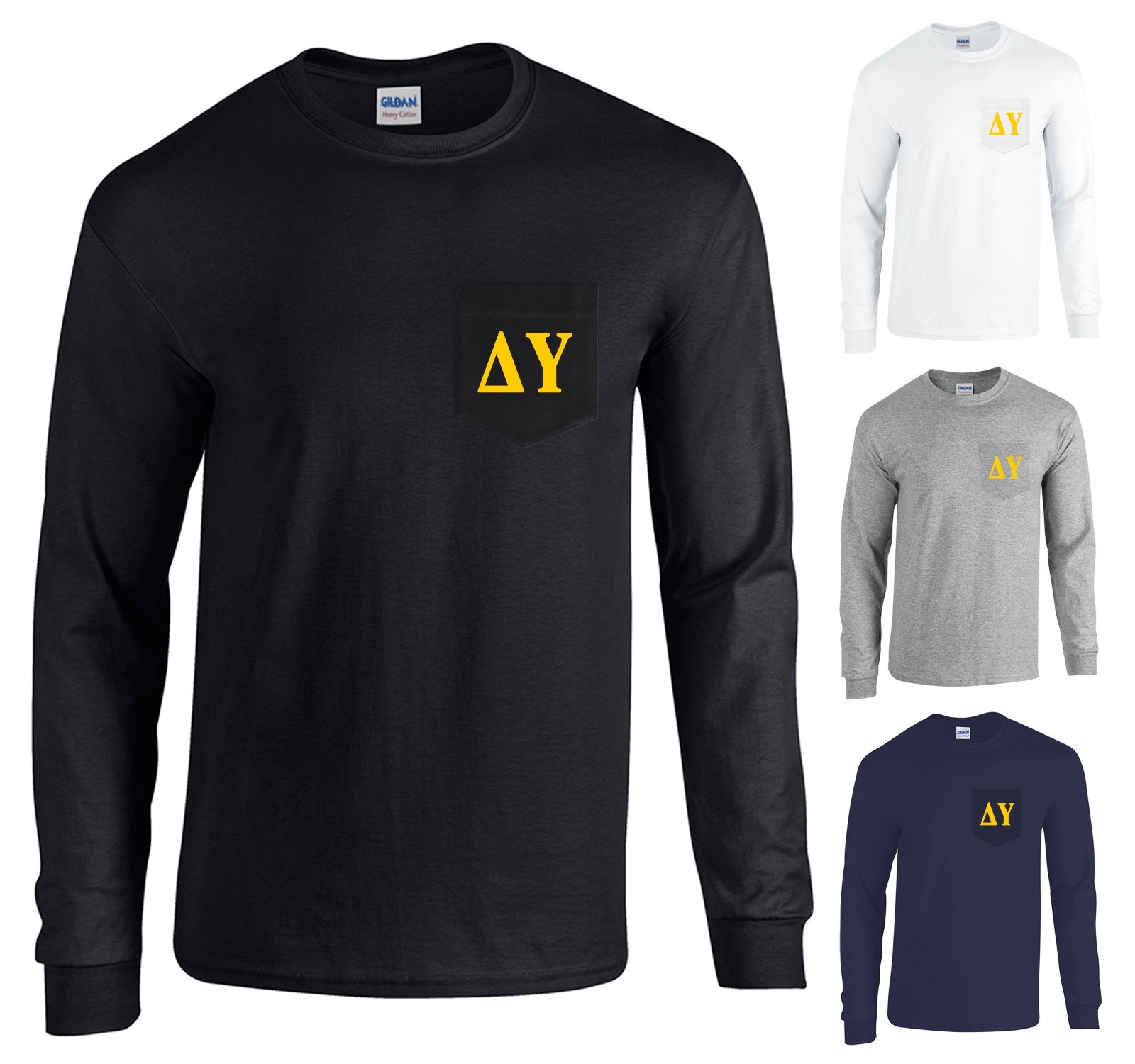 Delta Upsilon Fraternity Long Sleeve POCKET Shirt Gold Letters – NEW