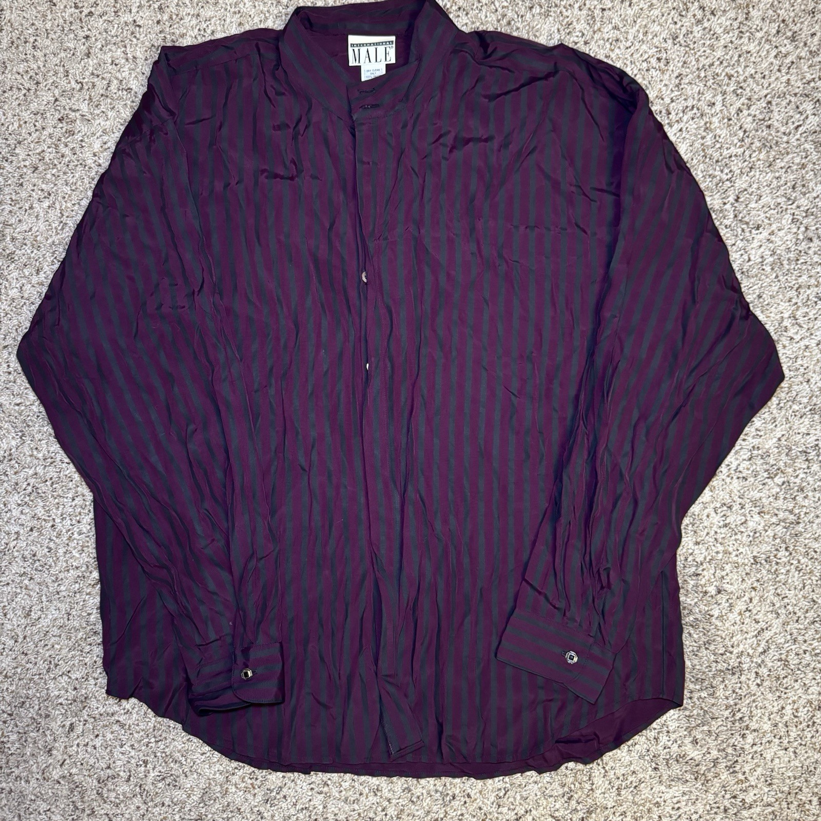 Intl Male Black Satin Stripe Shirt Large Glam Rock Goth Clubwear Vintage 80s