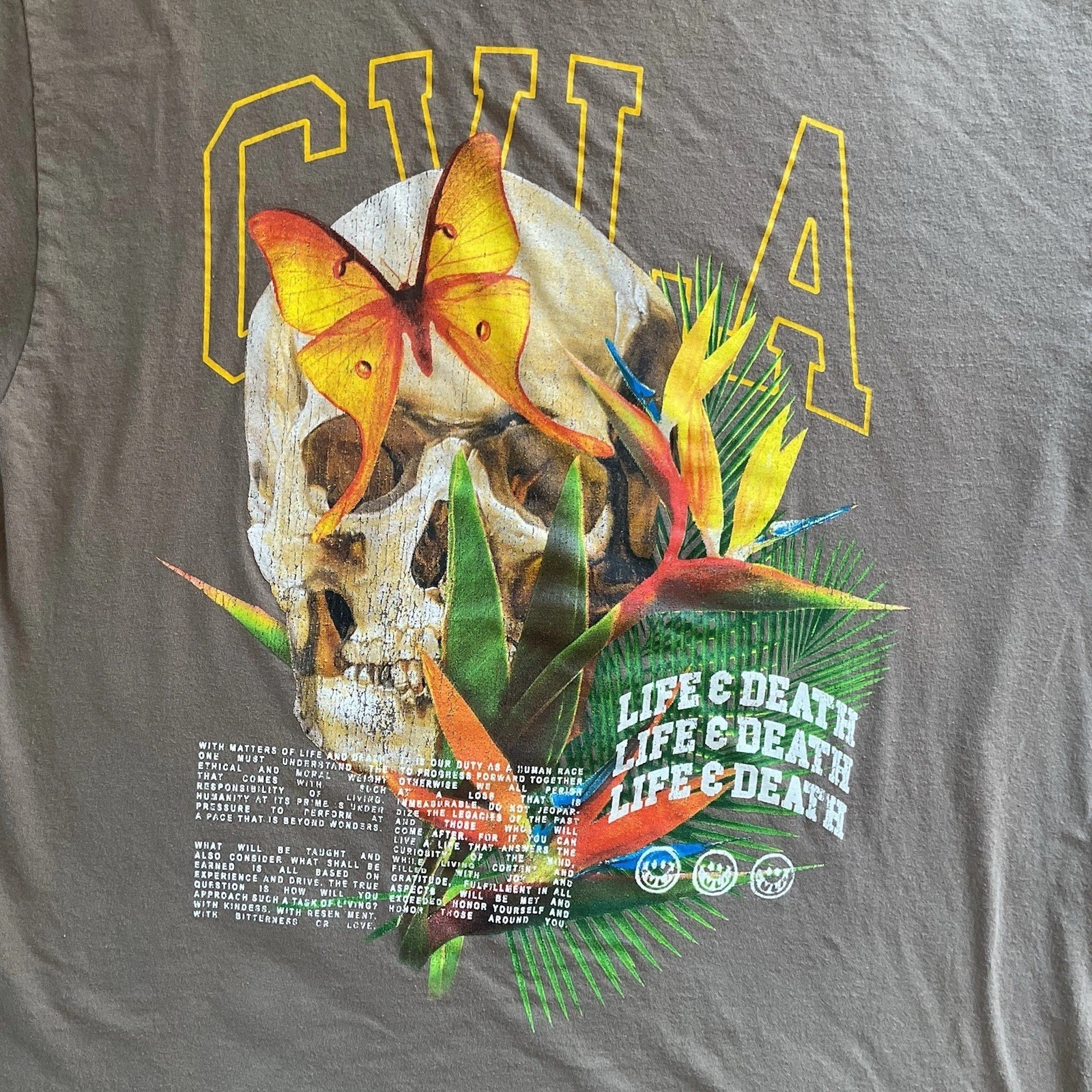 CVLA “Life & Death” Skull Butterfly Flower Graphic Gray Brown T-Shirt Sz L