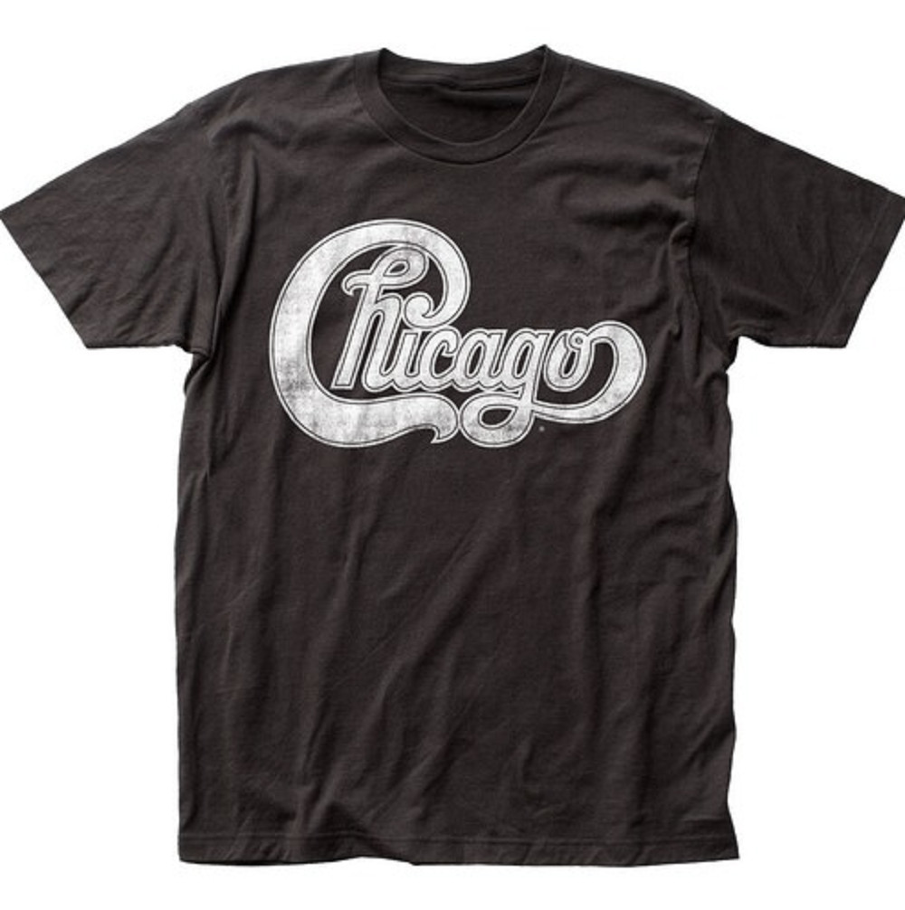 Chicago band logo t-shirt, classic rock music tee, black graphic shirt