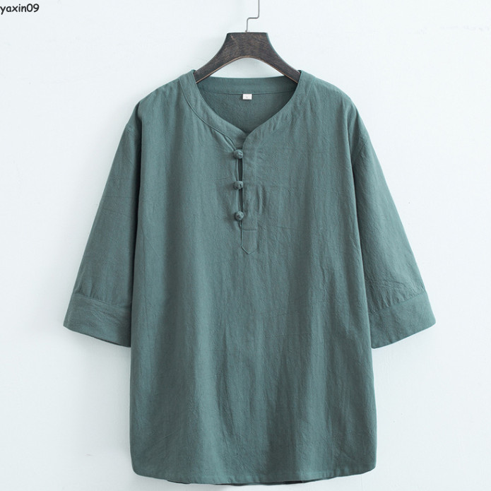 Men Cotton Linen Han Fu Summer Casual T-Shirt and Pants Outfits Sets Tang Suit