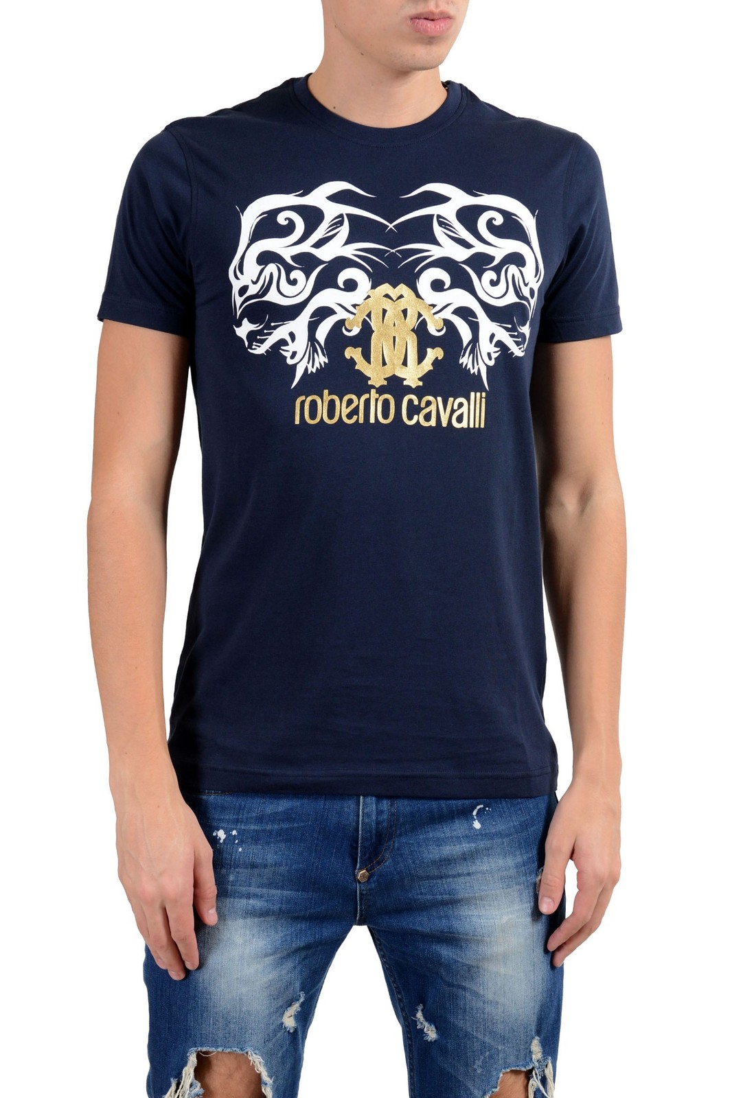 Roberto Cavalli Men’s Blue Graphic Crewneck T-Shirt US 2XL IT 56