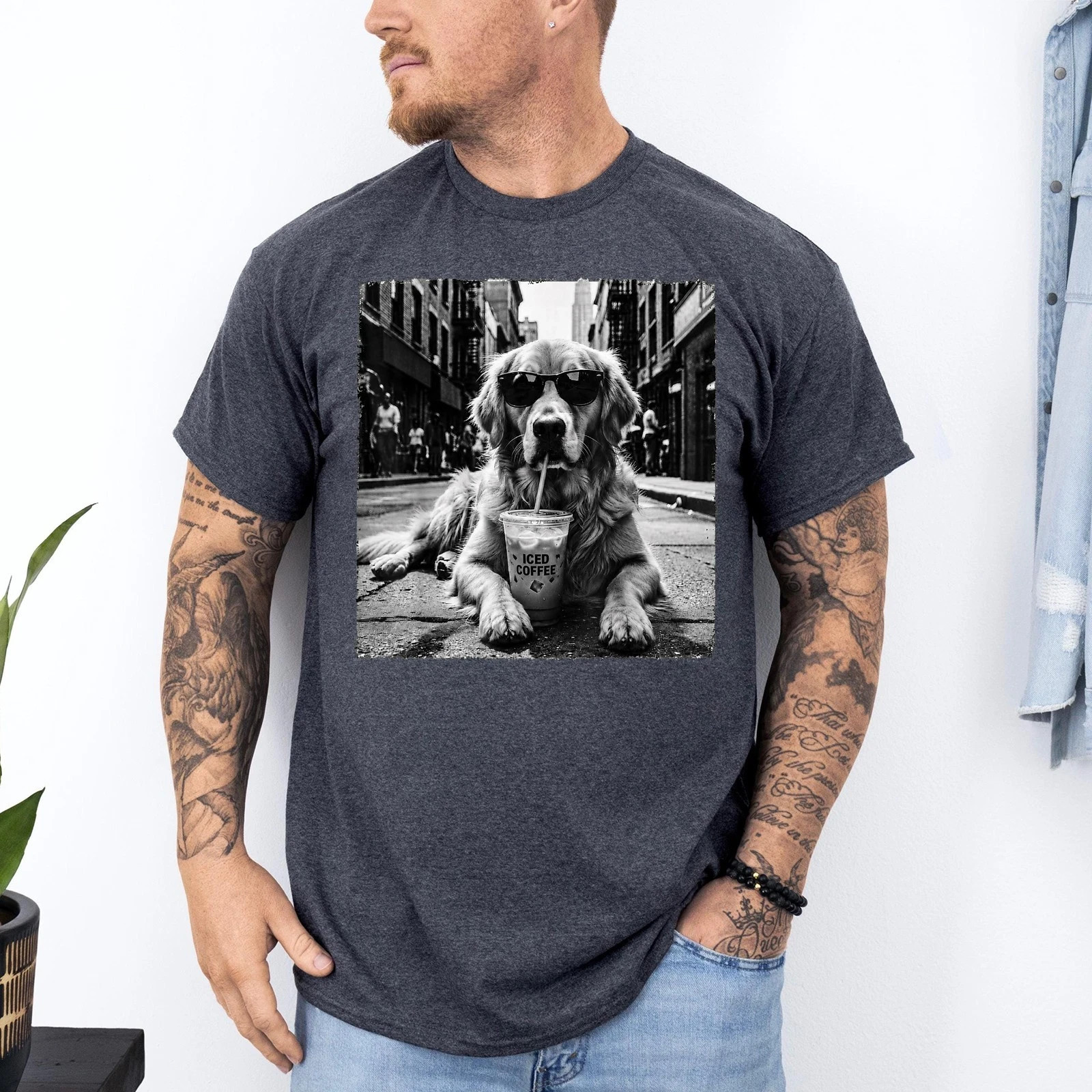 Golden Retriever Drinking Iced Milk Coffee Dog Lover Art Humor Unisex T-Shirt