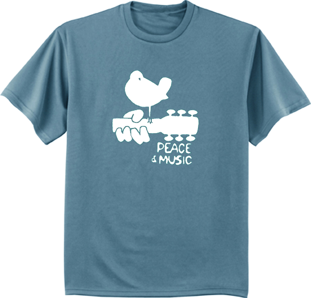 Woodstock t-shirt blue white peace and music festival t-shirt guitar t-shirt