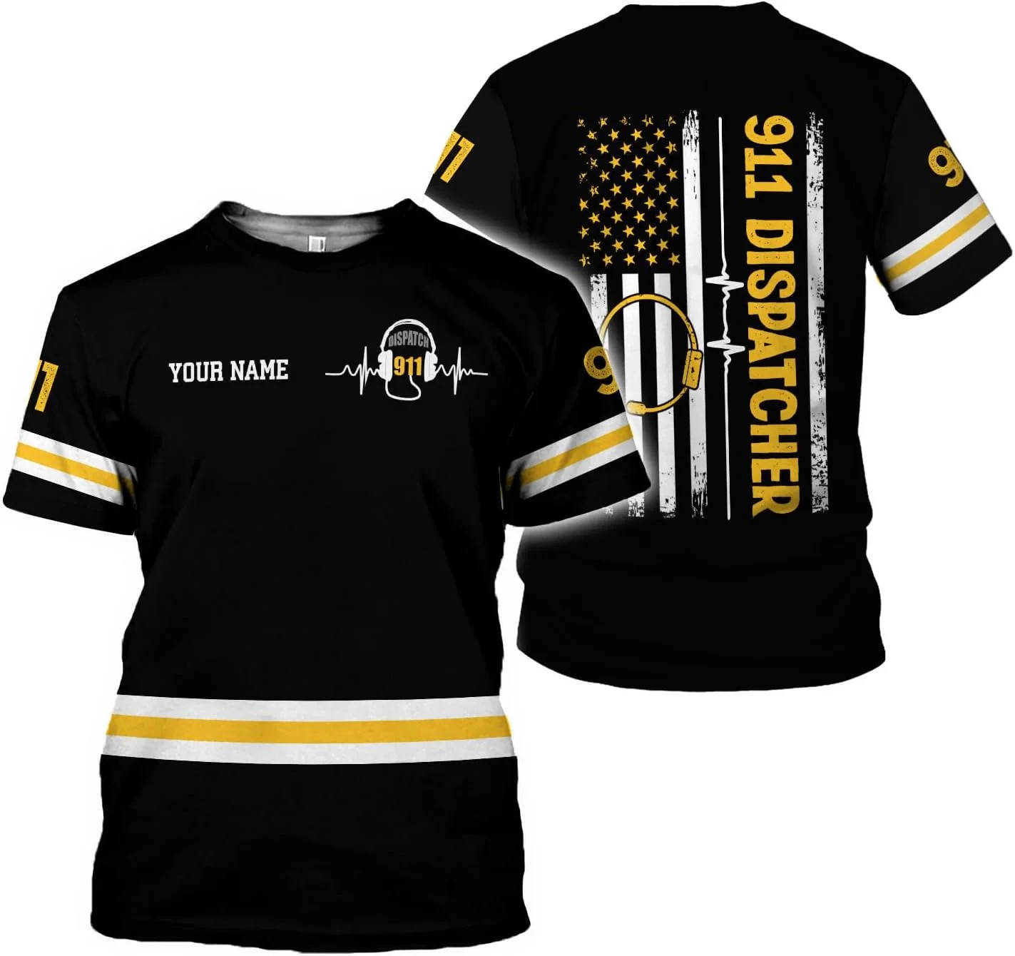 Personalized Name 911 Dispatcher, Thin Gold Line Flag 3D Zip Shirt Size S-5XL