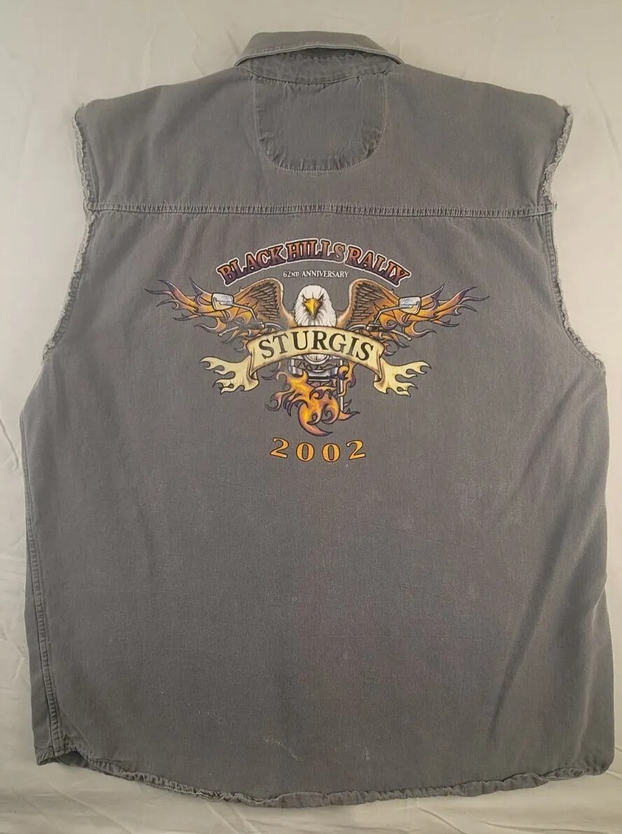 2002 Sturgis Black Hills Rally 62nd Anniversary Gray Denim Vest Jean Size L